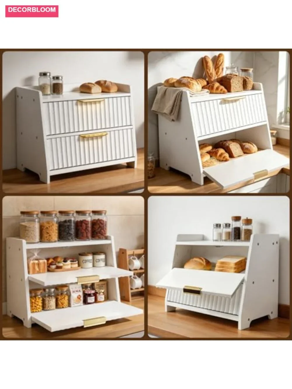 Large Double Layer Wooden Bread Box with Gold Handle, Farmhouse Kitchen